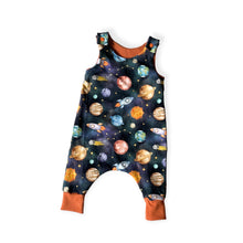 Load image into Gallery viewer, Blue Space, Planets & Rockets Baby & Children's Romper • ORGANIC • MADE TO ORDER • Kids Romper •