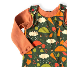 Load image into Gallery viewer, Green Autumn Rainy Days Baby & Children's Romper • ORGANIC • MADE TO ORDER • Kids Romper •