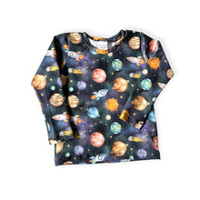 Load image into Gallery viewer, Blue Space, Planets & Rockets Baby & Children's Long Sleeve Top • ORGANIC • MADE TO ORDER • Kids •
