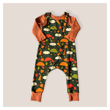 Load image into Gallery viewer, Green Autumn Rainy Days Baby & Children's Romper • ORGANIC • MADE TO ORDER • Kids Romper •