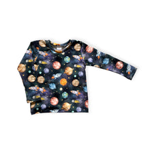 Load image into Gallery viewer, Blue Space, Planets & Rockets Baby & Children's Long Sleeve Top • ORGANIC • MADE TO ORDER • Kids •