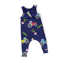 Load image into Gallery viewer, Navy Tractors & Veg Baby & Children's Romper • ORGANIC • MADE TO ORDER •