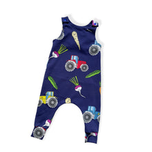 Load image into Gallery viewer, Navy Tractors & Veg Baby & Children's Romper • ORGANIC • MADE TO ORDER •