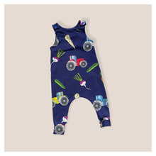 Load image into Gallery viewer, Navy Tractors & Veg Baby & Children's Romper • ORGANIC • MADE TO ORDER •