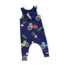 Load image into Gallery viewer, Navy Tractors & Veg Baby & Children's Romper • ORGANIC • MADE TO ORDER •