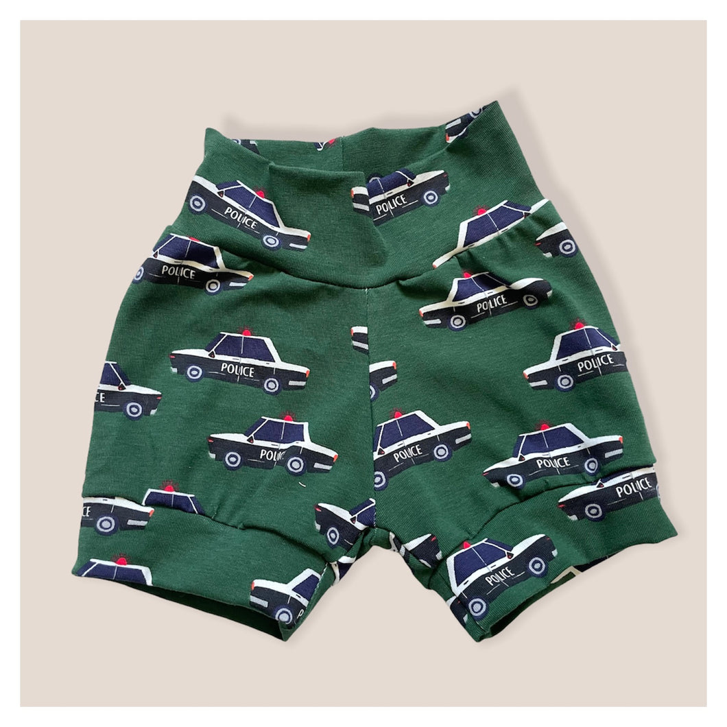 Green Police Cars Baby & Children's Cuffed Shorts • READY TO SHIP • 6-9 Months •