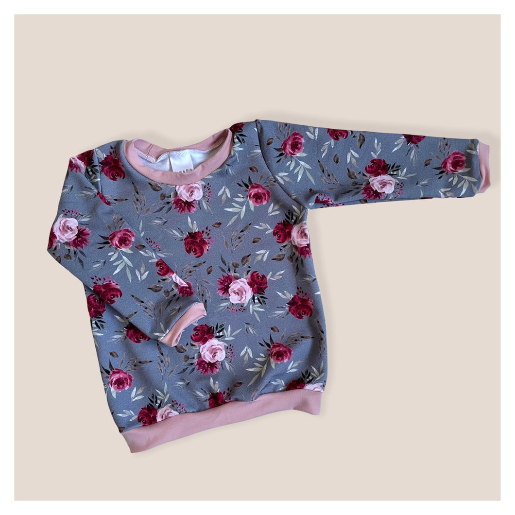 Grey & Pink Red Roses Baby & Children's Lightweight Jumper • MADE TO ORDER • Kids Jumper •